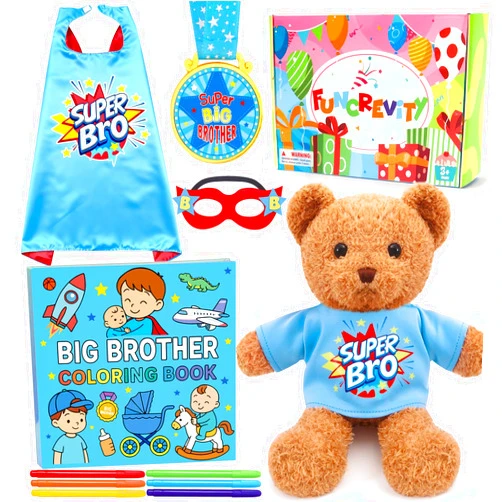 HAPGFS Big Brother Gift Set for Boys - Plush Bear with Big Brother Outfit, Coloring Book, Medal, and Superhero Cape for Boys Age 3-8 from New Baby, Promoted to Bigbro
