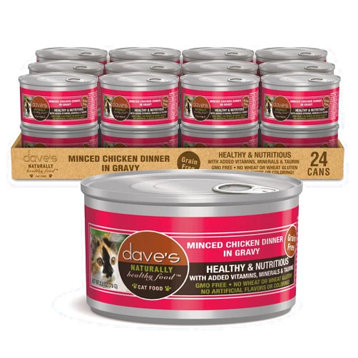 Dave's Pet Food Grain Free Wet Cat Food (Minced Chicken in Gravy), Naturally Healthy Canned Cat Food, Added Vitamins & Minerals, Wheat, Gluten & GMO-Free, 2.8 oz Cans (Case of 24)