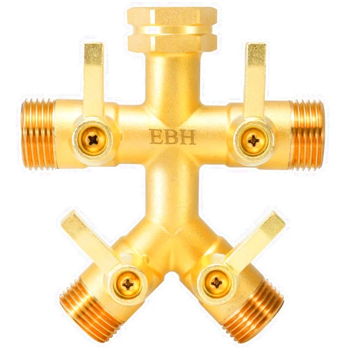 EBH Brass Garden Hose Splitter Full Flow, Outdoor Faucet Heavy Duty Hose Splitter 4 Way High Flow, 3/4-Inch Multi-Angle Spout with 4 Individual On/Off Valve and Extended Handle