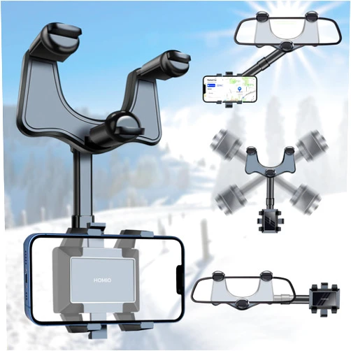 HOMIO Rearview Mirror Phone Holder for Car, Rotatable and Retractable Car Phone Holder Mount 360° Adjustable Car Rear View Mirror Phone Holder Clip Universal 3-7” Mobile Phone Holder Cradle for Car