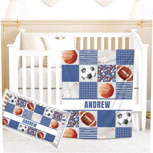Noverbibi Personalized Baby Crib Bedding Sets for Boys Girls, Custom Crib Bedding Set with Name, 2 Piece Sports Theme Nursery Bedding, Name Crib Comforter, Crib Fitted Sheets for Newborn Babies