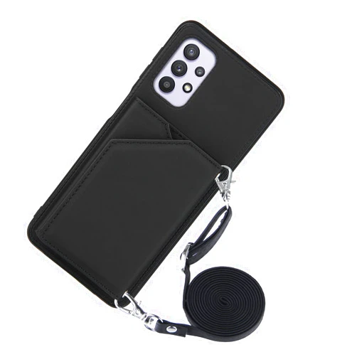 DAMONDY Case for Samsung A32 5G,Leather Wallet Case with Lanyard Detachable Strap Designs for Girls Women,with Kickstand Card Slots Cover,Protective Phone Case for Samsung Galaxy A32 5G -Black
