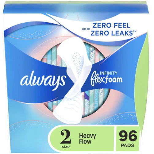 Always Infinity Feminine Pads for Women, Size 2, Heavy Flow Absorbency, with Wings, Unscented 96 Count (3 Packs of 32)