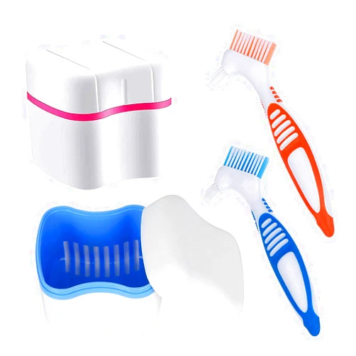 Ceonam Denture Cleaner Box and Brush Set - 2 Pack Denture Bath Case with Basket + 2 Pack Denture Brush, Portable Denture Retainer Storage Box, False Teeth Brushes for Oral Care (Blue and Red)
