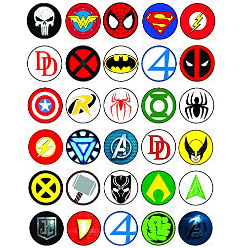 NATURAL BEHAVIOUR 30 x Edible Cupcake Toppers Themed of Super Hero Symbols Collection of Edible Cake Decorations | Uncut Edible on Wafer Sheet