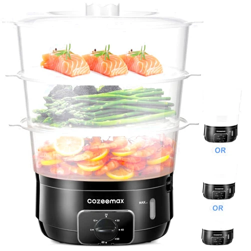 Cozeemax 3 Tier Electric Food Steamer for Cooking, 13.7QT Vegetable Steamer for Fast Simultaneous Cooking, Veggie Steamer, Food Steam Cooker, 60 Minute Timer, BPA Free Baskets, 800W(Black)