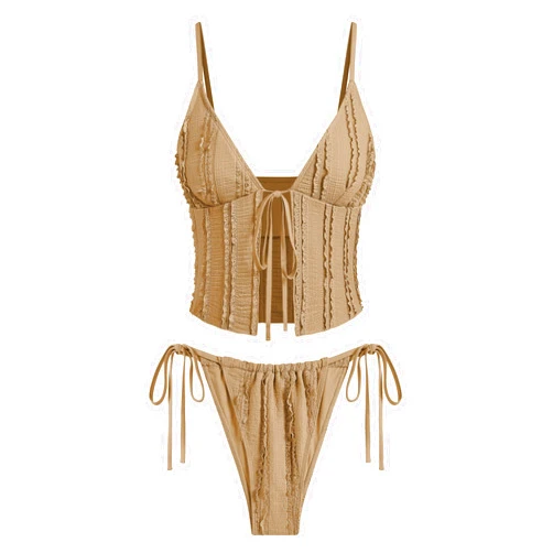 ZAFUL Tankini Swimsuits for Women Smocked Ruffles Tie Front Bowknot Textured High Cut Tanga Tankini Set