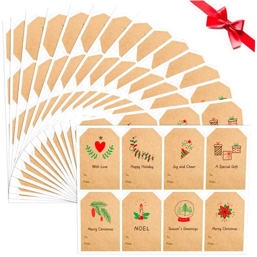 Sooez 120Pcs Christmas Gift Tags, Natural Brown Kraft Gift Stickers for Presents, Self Adhesive to and from Name Labels, Xmas Peel and Stick Gift Wrap Tags for Festival Holiday Birthday, 2