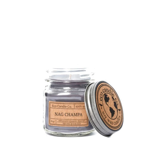 Eco Candle Co. Mason Jar Candle, Nag Champa, 8 oz. - Scents of Plumeria, Asian Resins, & Sandalwood - 100% Soy Wax, No Lead, Kraft Label & Antiqued Pewter Lid, Hand Poured, Midwest Grown Soybeans