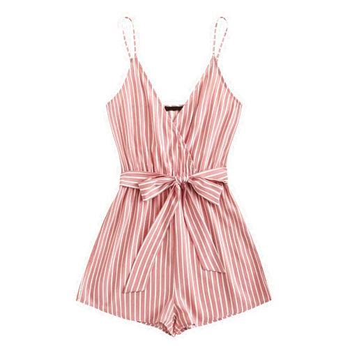 SweatyRocks Women's Sexy V Neck Striped Spaghetti Strap Beach Romper Shorts Jumpsuit Pink M