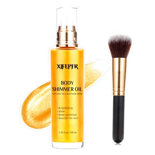 Xifepfr Body Shimmer Oil, Gold Face Brighten Body Luminizer Highlighter Liquid Illuminator with Makeup Brush, Long Lasting Moisturizing Non-Sticky Body Glitter Oil for Makeup (3.38 Fl Oz/#02)