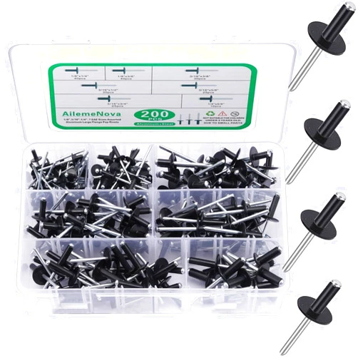 AilemeNova 200PCS Blind Rivets Pop Rivets Assortment Kit, Large flange Aluminum Rivets(1/8