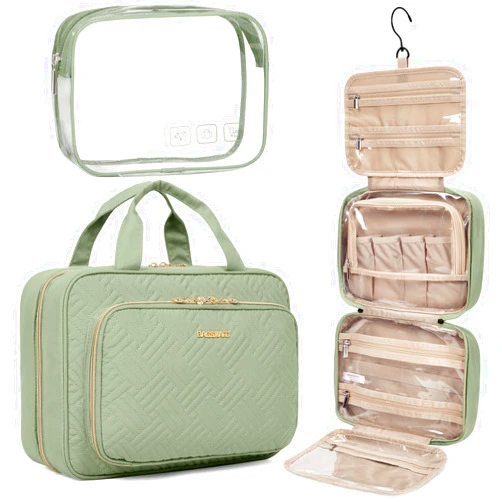 BAGSMART Toiletry Bag Hanging Travel Makeup Organizer with TSA Approved Transparent Cosmetic Bag Makeup Bag for Full Sized Toiletries, Large-Green