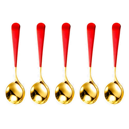 M.S. 5 Pieces Spoons, 304 Stainless Steel Round Head Spoons, Modern and Fashionable Thick Short handle Korean Spoon, Used for Soup, Grain, Dessert, Fruits, Milk Tea, Coffee 6.1 inch,red