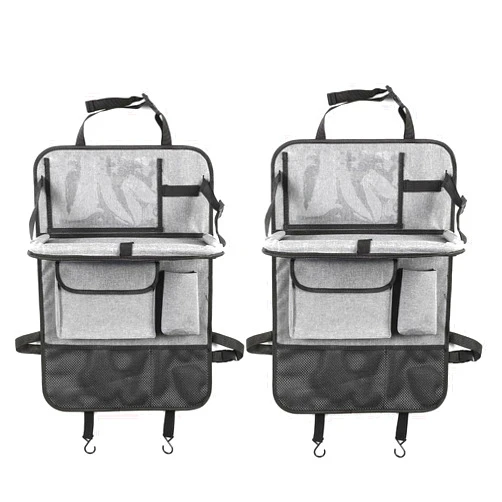 Meirenda 2 Pack Car Back Seat Organizer, Car Storage Organizer Backseat with Foldable Table Tray and Holder, 11 Storage Pockets Kick Mats Back Seat Protector for Kids, Car Travel Accessories Gray