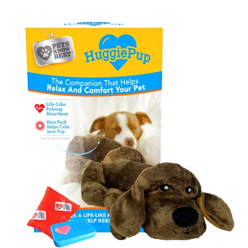 Pets Know Best presents HuggiePup - Cuddly Puppy Behavioral Aid Toy, Great for Crate Training- Pulsing Heartbeat, Heating Pack- Chocolate Dog