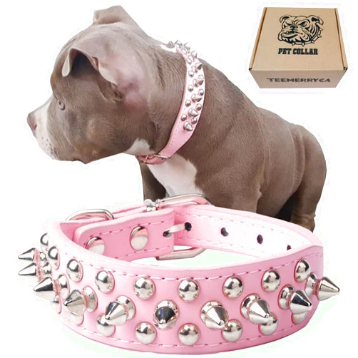 TEEMERRYCA Adjustable Leather Spiked Studded Dog Collars with a Squeak Ball Gift for Small Medium Large Pets Like Cats/Pit Bull/Bulldog/Pugs/Husky, Pink, L(15