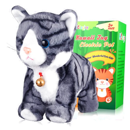 HCdoujoy Pattern Gray Robotic Cat Toy for Kid That Move and Meow Purrs Touch Control Kitten Toys Animated Realistic Kitty Toys Kitten Robot Toy for Halloween Birthday H:12