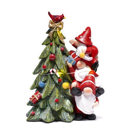 Hodao Christmas Tree Figurine Decorations — Lighted Hand-Painted Resin Gnomes Climbing with Cardinal, Tabletop Decor for Family or Friends | Mantel, Shelf, Living Room Display