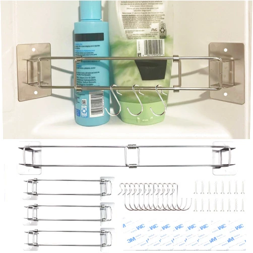 EASYEAH 4 Pack Rv Shower Corner Storage Bar with 12 S-Hooks-Adjustable Stainless Steel Rod Bathroom Shelf Retainer Bars Stick On Rv Organization and Storage Accessories Inside Camper Travel Trailer Must Have