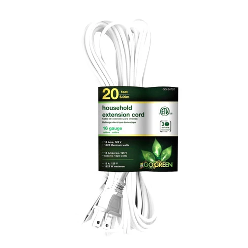 Go Green Power Inc. 20ft Household Extension Cord, White, 3 Outlets, 16/2, Indoor Use Only - Safe, Reliable, and Child-Safe Covers - Ideal for Everyday Electronics