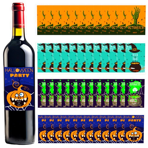 Liobelon 48 Pieces Halloween Water Bottle Labels, Personalized Custom Wine Bottle Labels, Waterproof Wine Labels Sticker for Halloween Party Wine Bottle Decorative Sticker