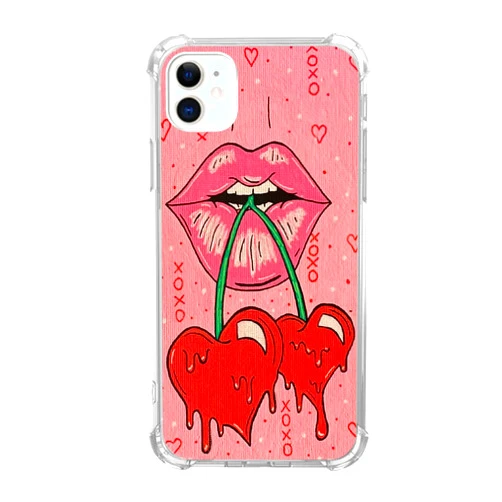 Joktruay Cherry Hearts Painting Phone Case Compatible with iPhone 12/iPhone 12 Pro, Red Lips and Cherry Teen Girl Boy Silicone Shockproof TPU Bumper Case for iPhone 12/iPhone 12 Pro