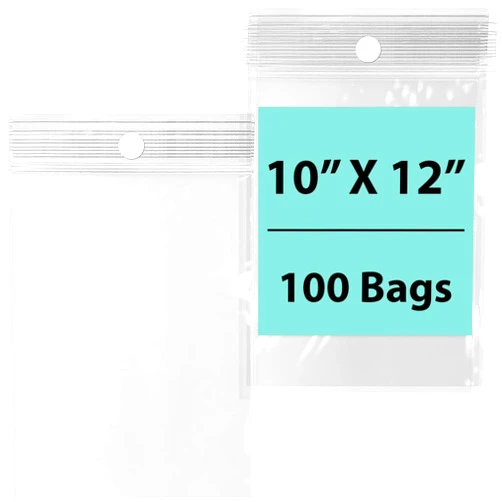 Blue APPLE PACKAGING Reclosable Hang Hole Poly Bags - 10 x 12 & (100 Bags) 4 Mil Clear Plastic with Resealable Lock Seal Zipper | Durable Poly Baggies | Resealable Zip Top Lock For Jewelry, Storage, Packaging & Shipping