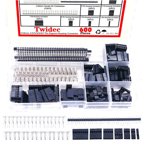 Twidec/600PCS 2.54mm Dupont Connector Kit 1/2/3/4/5/6/7 Pin Housing Connector with 2.54 Male and Female Dupont Terminals Crimping Connectors and 2.54mm 40 Pin Single Row Connector Set N-011-BK