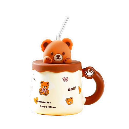 CAPIJIONG 420ml/14oz Creative Cute Little Bear Ceramic Big Belly Mug Microwave Oven Available With Lid Breakfast Coffee Cup-Type B