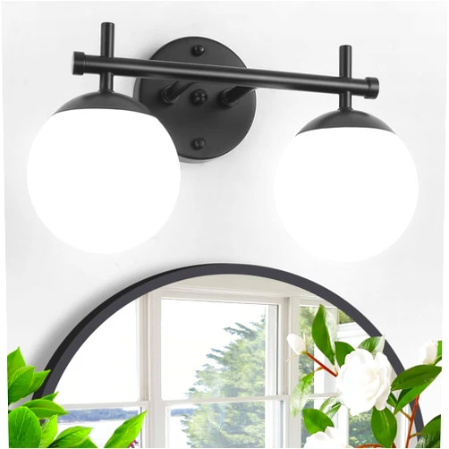 LZLDCJ Black Bathroom Light Fixtures, 2-Lights Bathroom Vanity Lights with Milk White Globe Glass Shade, Matte Black Modern Globe Vanity Light Over Mirror Bathroom Lights Wall Sconces (Exclude G9 Bulb)