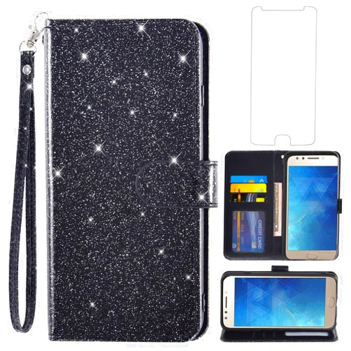Asuwish Phone Case for Moto E4 with Tempered Glass Screen Protector and Glitter Wallet Cover Card Holder Slot Stand Cell Accessories Protective Flip Motorola MotoE4 4E 4th Generation Gen 2017 Black