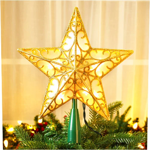 Brizled 9” Christmas Star Tree Topper, Gold Dual-Side 3D Star Treetop, Glittered Tree Topper with 10 Warm White Lights, UL Certified Lighted Xmas Star Tree Topper for Holiday Christmas Tree Decor