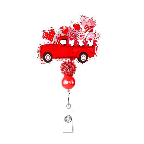 CHAONENG Valentine's Day Love Truck Badge Reel Red Pink Love Heart Balloons Badge Holder Acrylic Retractable Beaded Name Tag Holder for Nurse Medical Assistant Work Accessories