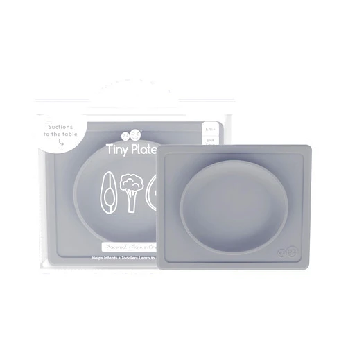 ezpz Tiny Plate (Gray) - Silicone Suction Placemat + Plate for Infants - 6 months+ - Baby Led Weaning Supplies - Fits on Most Highchair Trays