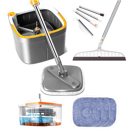 Spin Shine Spin Mop and Bucket System with Silicone Broom - 360° Swivel Head, Dual Water Compartments, and 3 Microfiber Pads - Complete Floor Cleaning Solution, Oragne & Grey