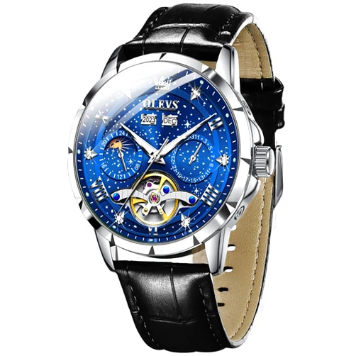 OLEVS Mens Automatic Watches Self-Winding Starry Sky Diamond Skeleton Luxury Wrist Watch Waterproof Luminous