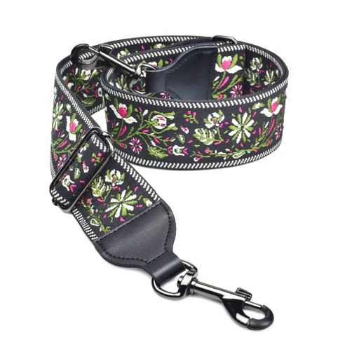 CLOUDMUSIC Banjo Strap Guitar Strap For Handbag Purse Jacquard With Leather Ends And Metal Clips(Chic Flowers In Black)