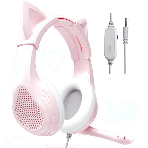 SENLOO Pink Cat Ears Gaming Headset - Over Ear Wired Stereo Sound Headphones with Noise Cancelling Mic, Comfortable Earpads - Compatible with PS5, PS4, Xbox One, PC, Mac, Laptop & Gaming Consoles