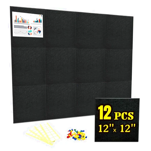 FOUCARSI Large Cork Board Alternative,FOUCARSI 12 Pack Felt Wall Tiles with Safe Removable Adhesive Tabs, 36''x48'' Cork Boards for Walls Cork Board for Office Pin Board Tack Board Cork Board (Black)
