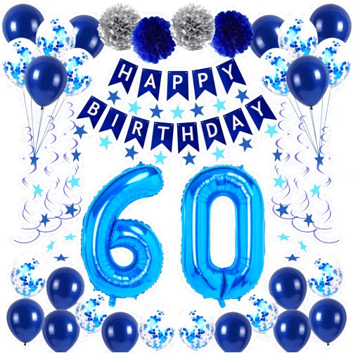 NANINUNENO 60th Blue Birthday Party Decorations for Boy Girl Men Women, Happy 60 Birthday Balloons Supplies with Happy Birthday Banner, 60 Number Balloons