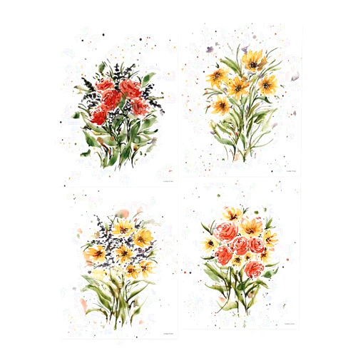 FOCUS AND ZEAL Floral Art 4 Pack - Collection of 4 Colorful Watercolor Flowers on 8