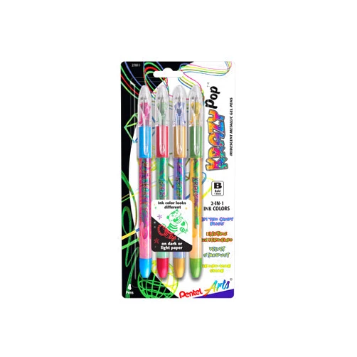 Pentel Arts Krazy Pop Iridescent Gel Pen, (1.0mm) Bold Line, Assorted Ink (Xc/BD/CP/DG), 4-PK (K91PABP4M3)