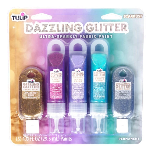 TULIP Dazzling Glitter Fabric Paint Stardust Combo Pack, 2 (1 fl oz) Brush-On Paints and 2 (1 fl oz) Sparkly Puff Paints