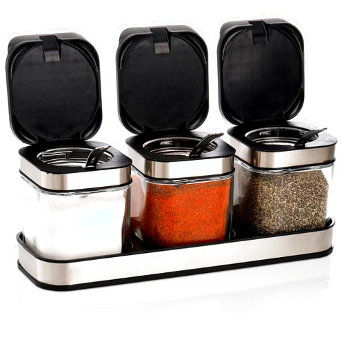 DEAYOU 3 Pack Glass Seasoning Box with Tray, Clear Condiment Canister with 18/10 Stainless Steel Lid and Spoon, Kitchen Spice Pot with Base, Salt Pepper Sugar Storage Container Jar Cruet for Desk
