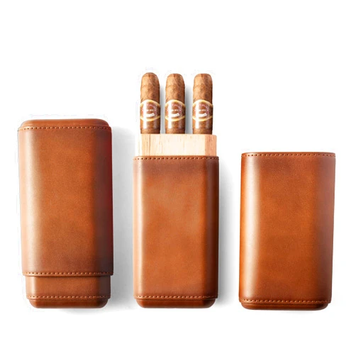 Woodronic Cigar Case, 3-Finger Brown Leather Cigar Travel Case, Spanish Cedar Lined Portable Cigar Humidor, Cigar Accessories Gift for Men