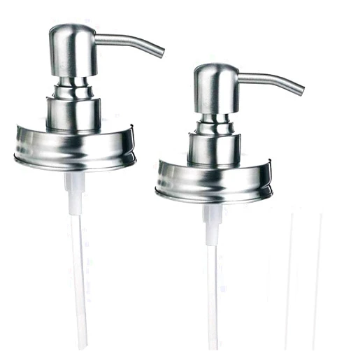 HILLHOME Mason Jar Soap Dispenser Lid and Pump Replacement Brushed Stainless Steel Rust-Proof Leak-Proof for Regular Mouth Size Lid or Modern Farmhouse Soap Pumps for The Kitchen and Bathroom Silver 2 Pack