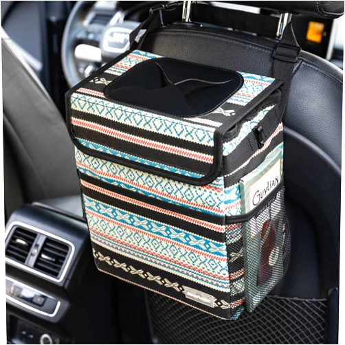 SIBOFUEGO Car Trash Bin Cute - Leak-Proof Car Trash Can with Lid and Storage Pockets, Car Garbage Can for Men and Women, Boho Aztec Essentials: Must-Have Car Interior Accessories (Beige Aztec Motif)