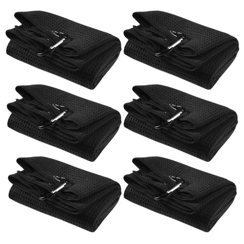 Cindeer 6 Pcs Tri-fold Golf Towel 16 x 23 Inch Microfiber Fabric Golf Towels for Golf Bags with Heavy Duty Clip Waffle Pattern Golf Towel for Men Women Golf Club, 6 Color Options(Black)