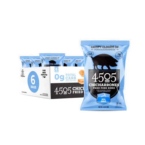 4505 Meats, Sea Salt Chicharrones, Fried Pork Rinds, 2.5 Ounce Bags (Pack of 6) Single Serve Size - Keto Certified, Low Net Carb, Humanely Raised All-Natural Pork, Paleo and Naturally Gluten Free